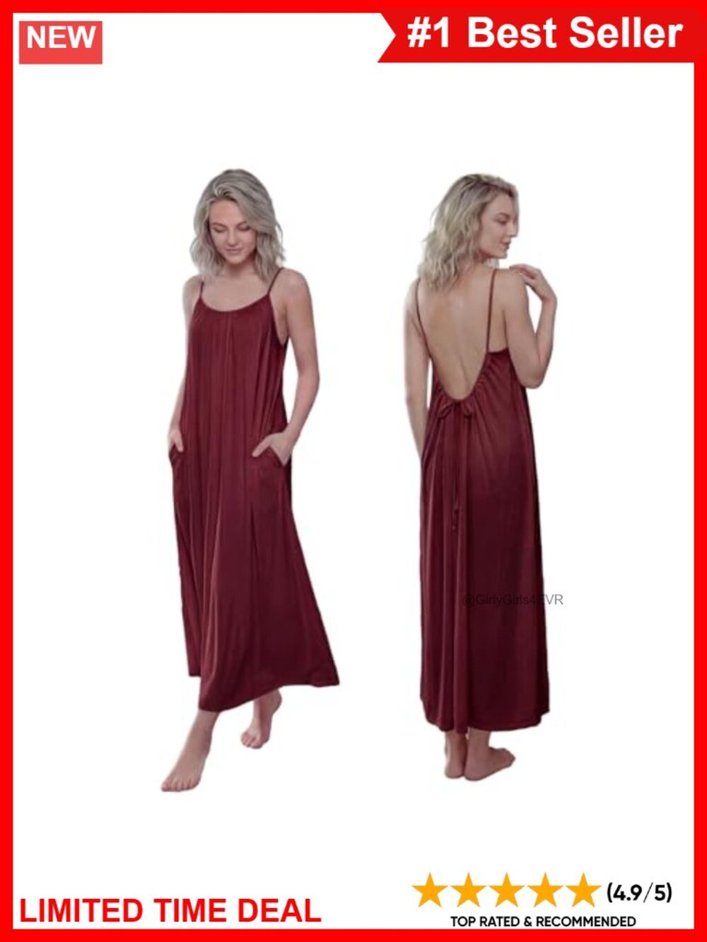 Sleeveless Spaghetti Strap Maxi Dress Beach Sundress Pockets Backless